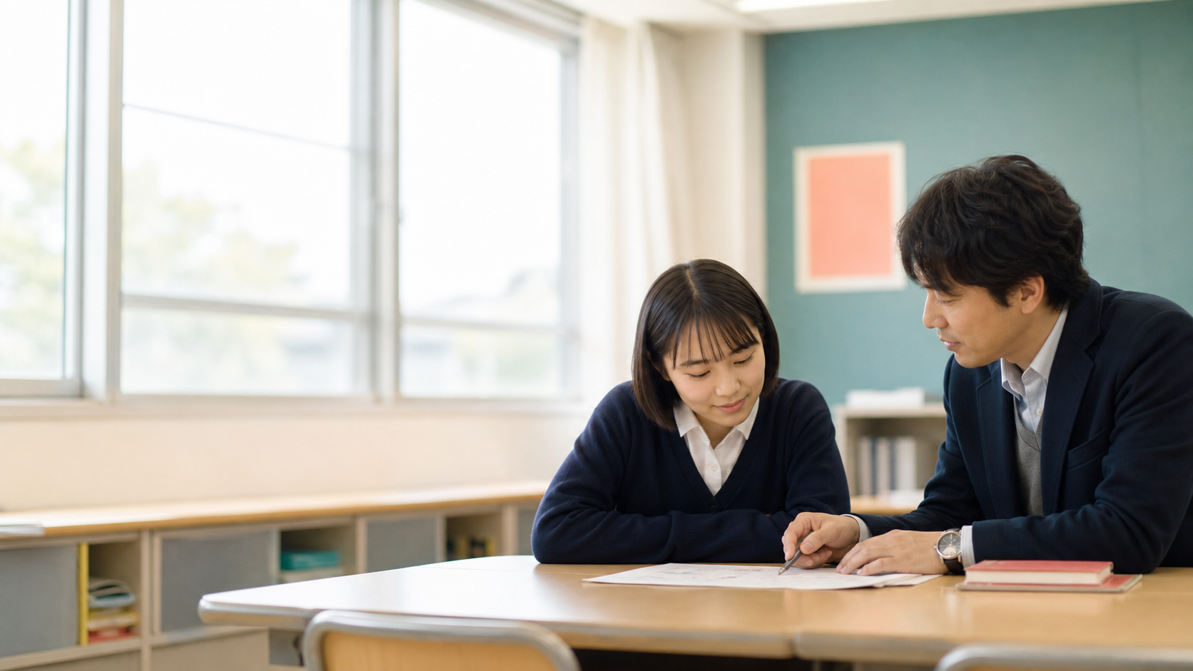 教室で先生と生徒が評価シートを見ながら対話している様子