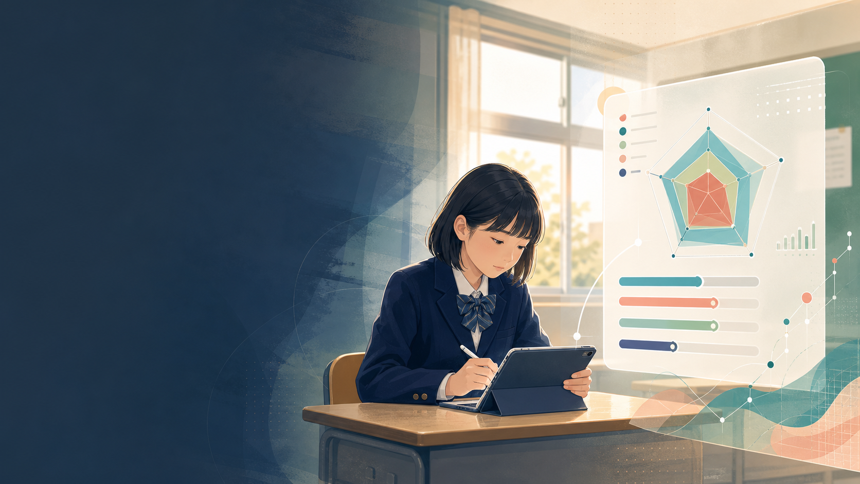 生徒がタブレットでアンケートに答え、隣にレーダーチャート付きの結果シートが表示されているイラスト